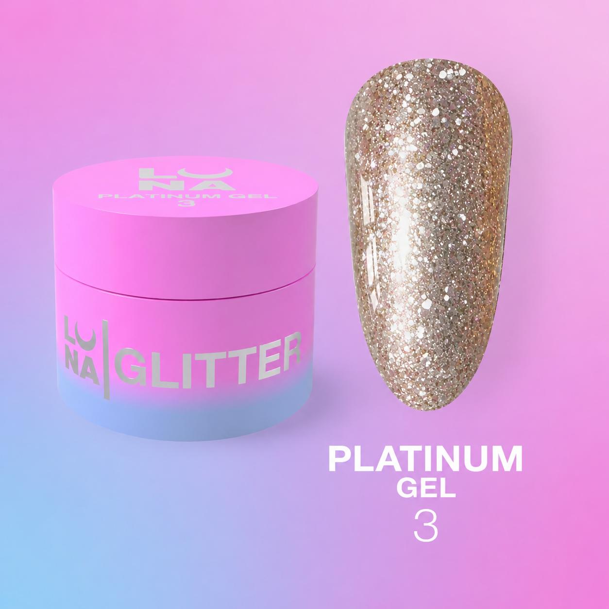 LUNAmoon Platinum Gel №3 5 ml, gel pailleté multicolore pour nail art professionnel, designs brillants et manucures festives.