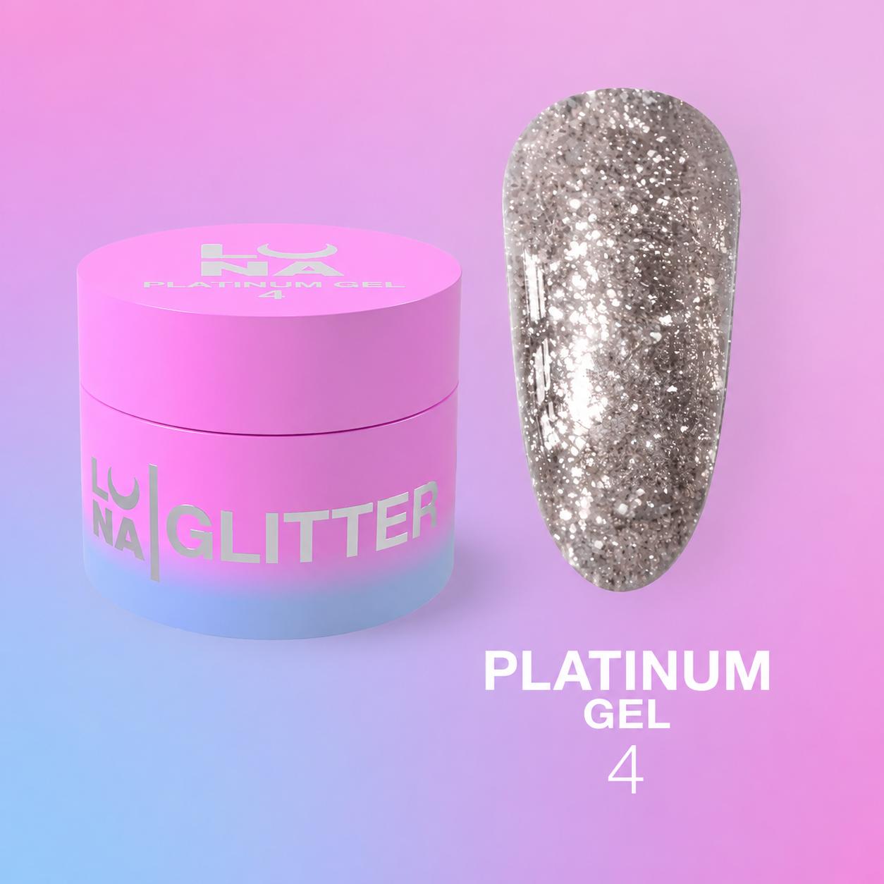 LUNAmoon Platinum Gel №4 5 ml, gel pailleté multicolore pour nail art professionnel, designs brillants et manucures festives.