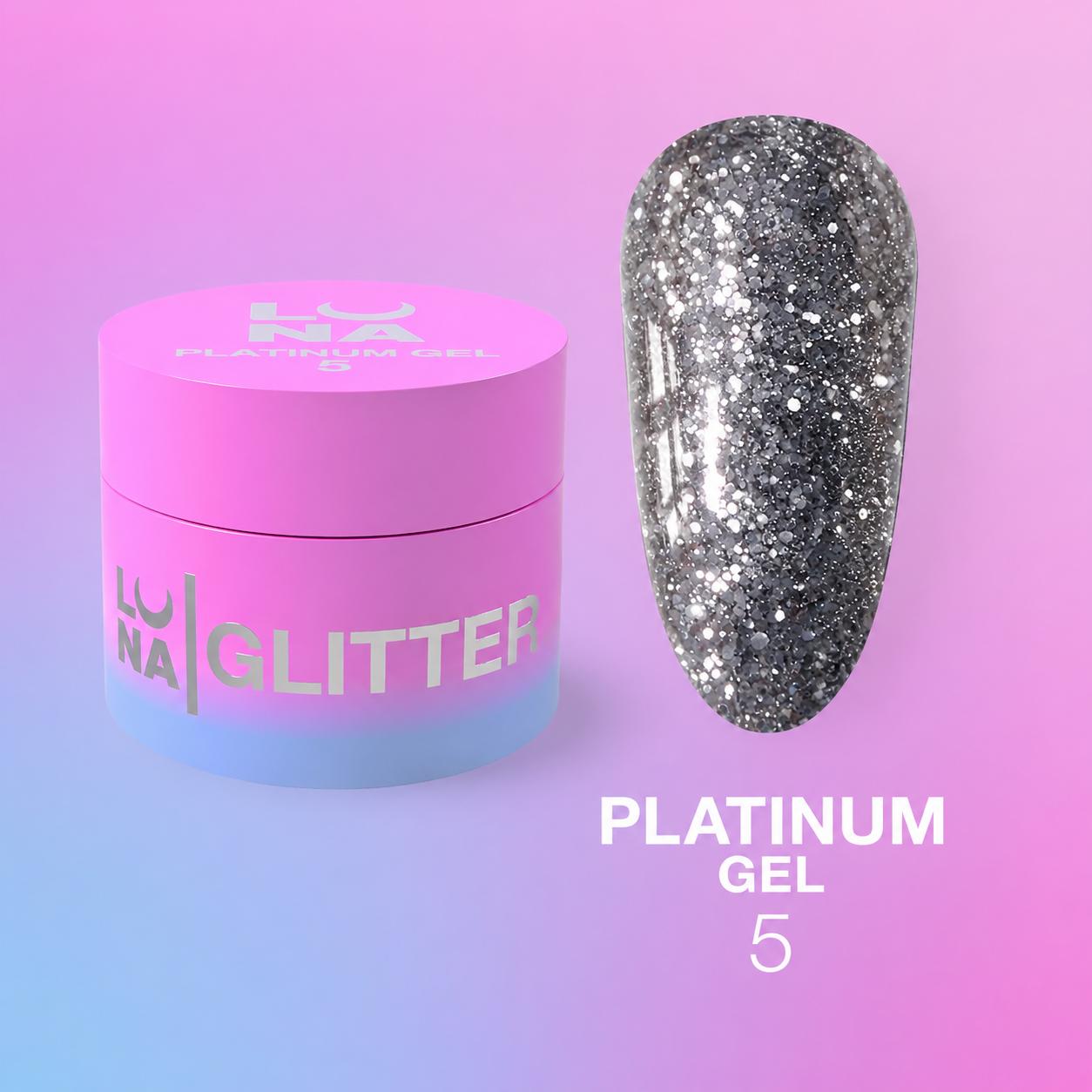 LUNAmoon Platinum Gel №5 5 ml, gel pailleté multicolore pour nail art professionnel, designs brillants et manucures festives.