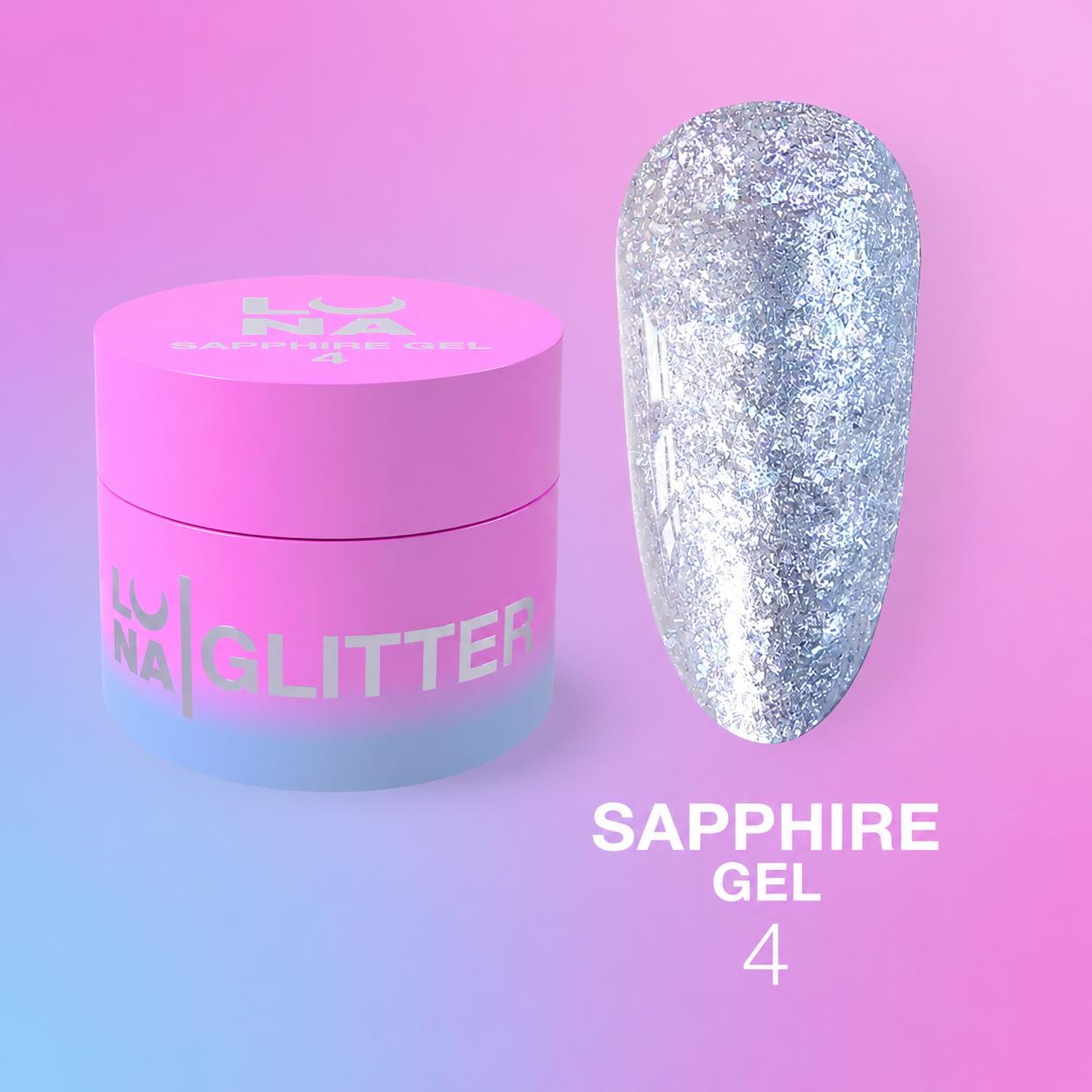 LUNAmoon Sapphire Gel №4 5 ml, gel-pâte pailleté pour nail art professionnel, designs en relief et effets scintillants sur les ongles.