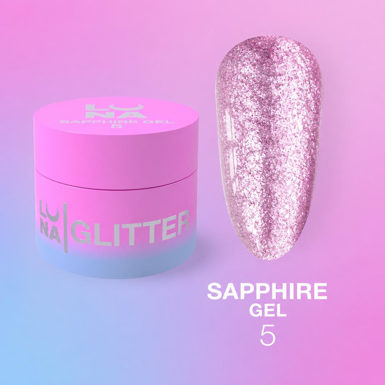 LUNAmoon Sapphire Gel №5 5 ml, gel-pâte pailleté pour nail art professionnel, designs en relief et effets scintillants sur les ongles.