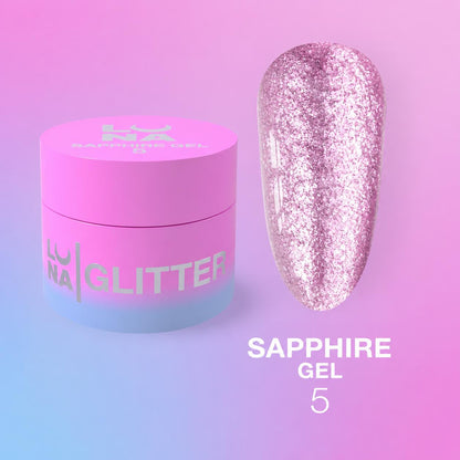 LUNAmoon Sapphire Gel №5 5 ml, gel-pâte pailleté pour nail art professionnel, designs en relief et effets scintillants sur les ongles.