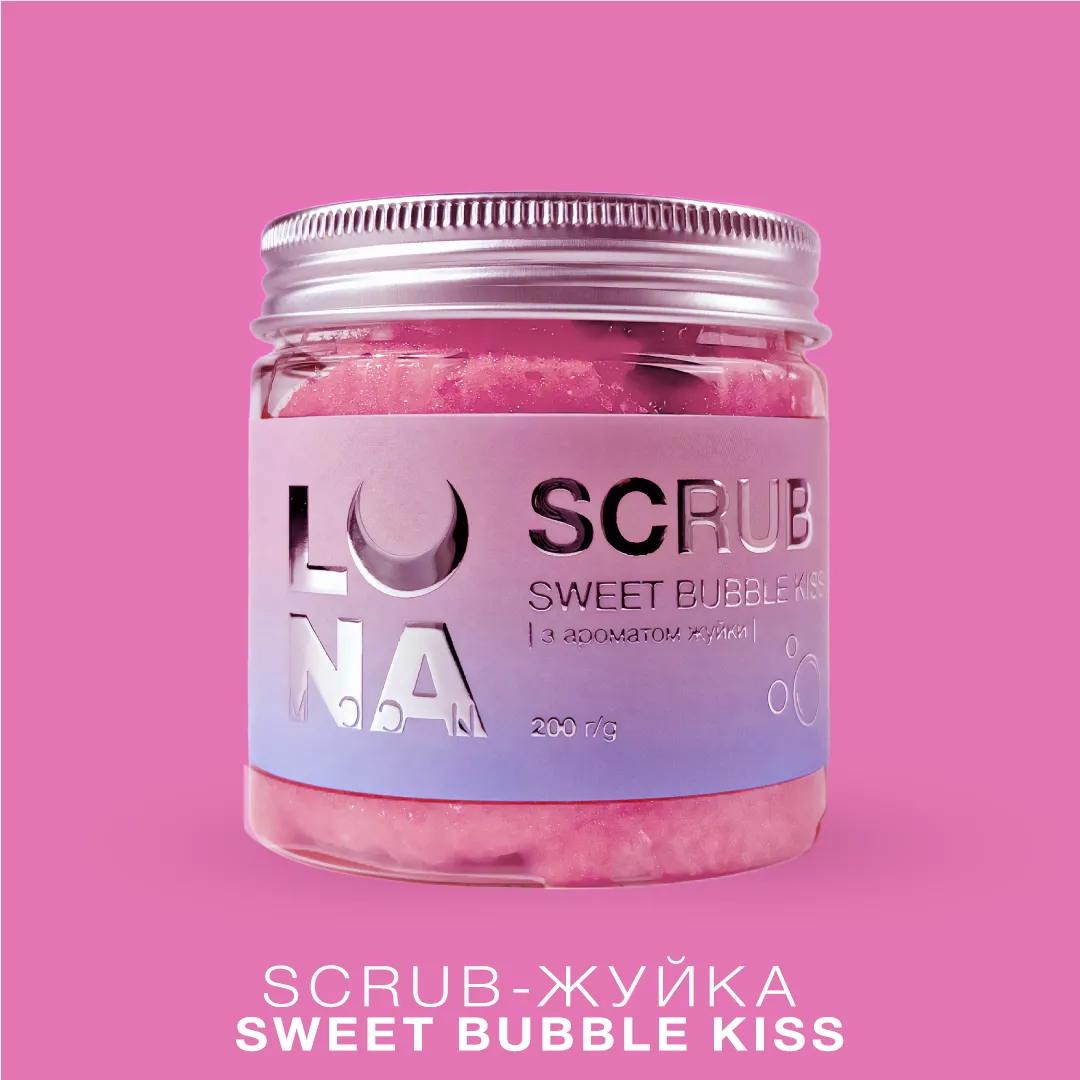 Gommage corps LUNAmoon Sweet Bubble Kiss à la texture chewing-gum et parfum bubble gum pour exfolier, nourrir et adoucir la peau.