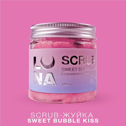 Gommage corps LUNAmoon Sweet Bubble Kiss à la texture chewing-gum et parfum bubble gum pour exfolier, nourrir et adoucir la peau.