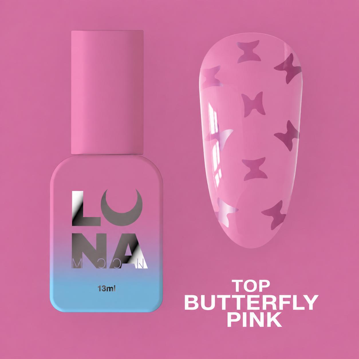 LUNAmoon Top Butterfly Pink top coat décoratif sans couche collante avec éléments roses pour une manucure élégante et brillante.