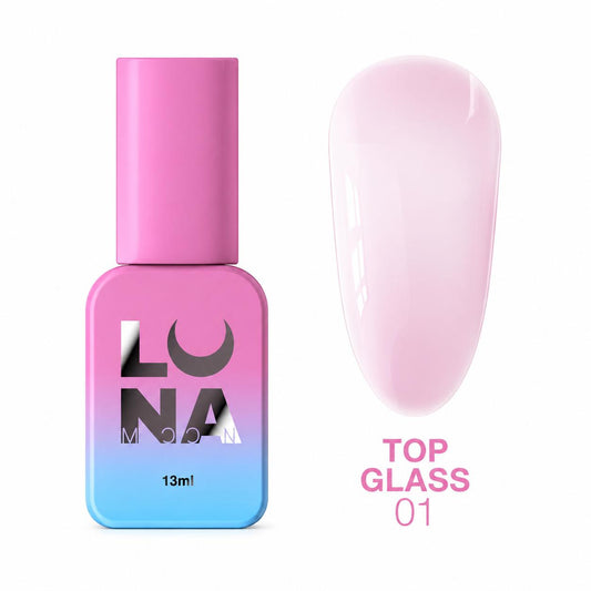 LUNAmoon TOP GLASS top coat coloré 01 sans couche collante avec finition brillante effet verre et tenue jusqu’à 4 semaines.