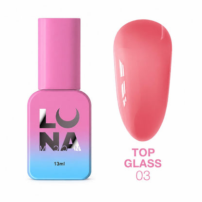 LUNAmoon TOP GLASS 03 top coat coloré sans couche collante avec finition brillante effet verre et tenue jusqu’à 4 semaines.