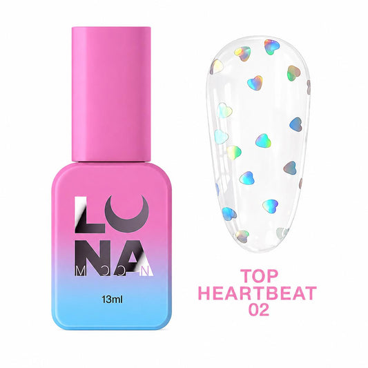 LUNAmoon Top Heartbeat 02 top coat transparent avec cœurs holographiques à effet arc-en-ciel, finition brillante miroir pour manucure professionnelle.