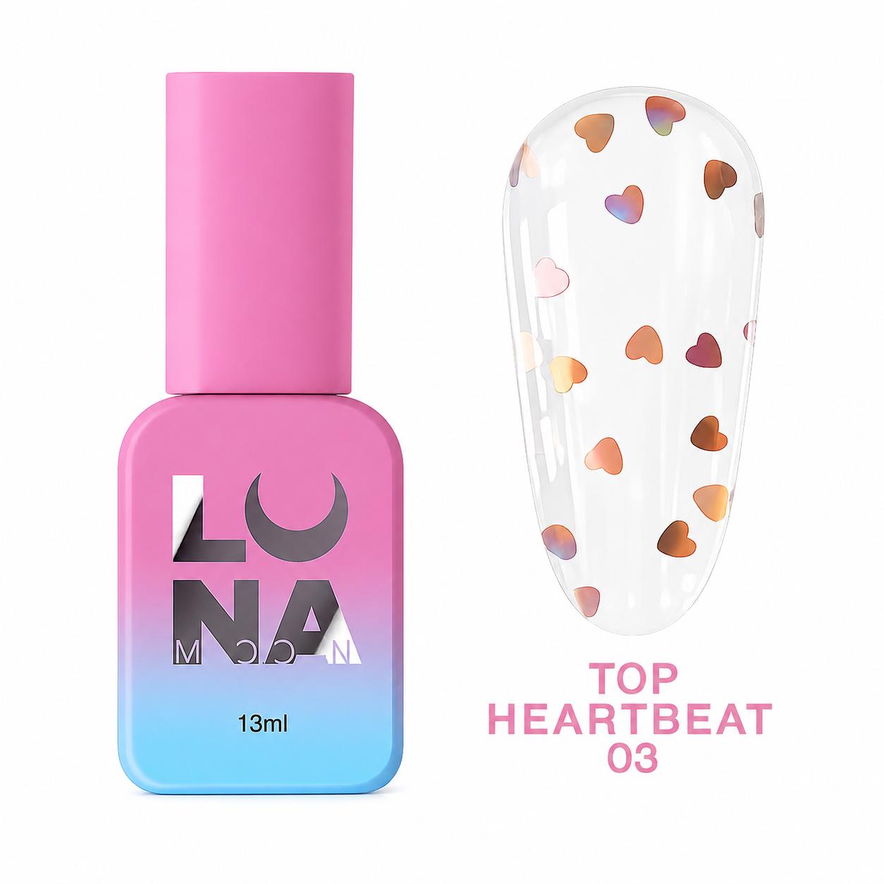 LUNAmoon Top Heartbeat 03 top coat transparent avec cœurs rose-or à effet métallisé, finition brillante miroir pour manucure professionnelle.