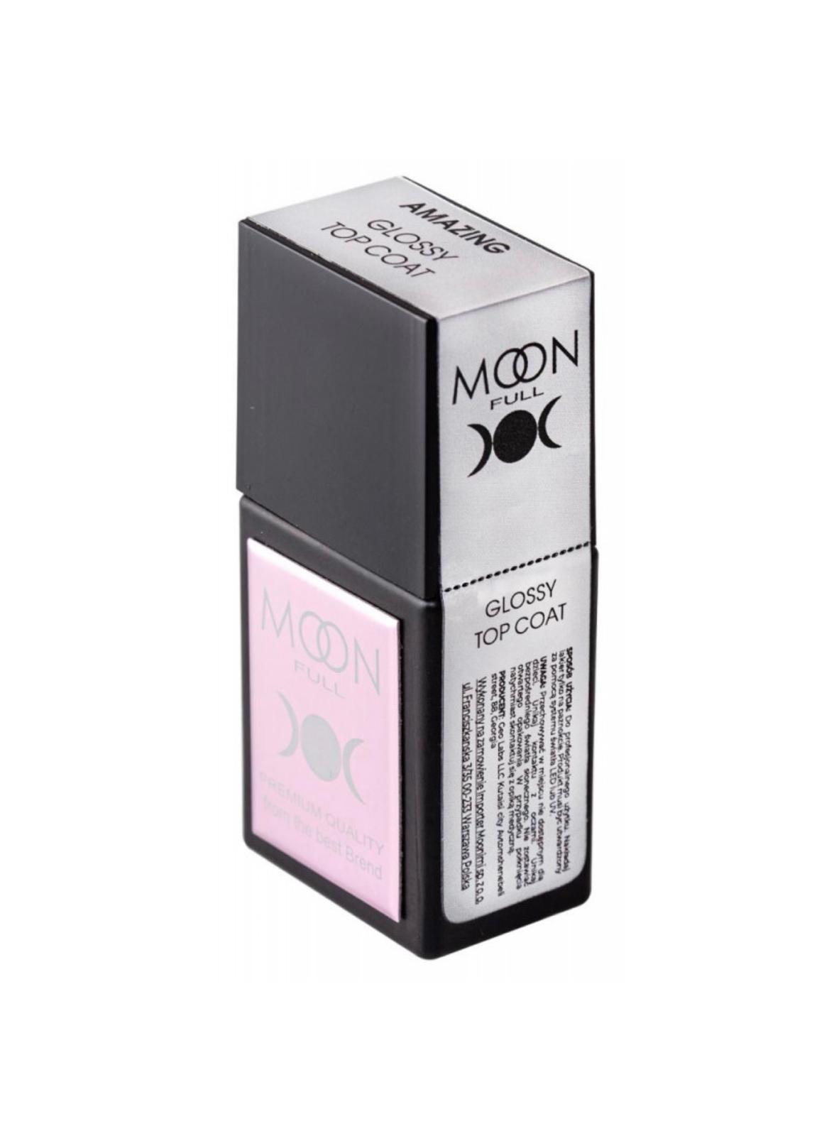 Moon Full Amazing Glossy Top Coat 12 ml, top coat professionnel sans couche collante avec finition ultra-brillante et longue tenue.