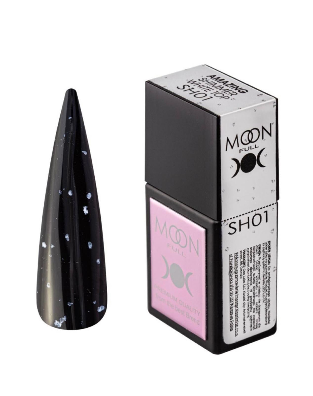 Moon Full Amazing Shimmer Top SH01 top coat avec particules scintillantes pour vernis semi-permanent et nail art professionnel.