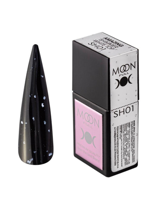 Moon Full Amazing Shimmer Top SH01 top coat avec particules scintillantes pour vernis semi-permanent et nail art professionnel.