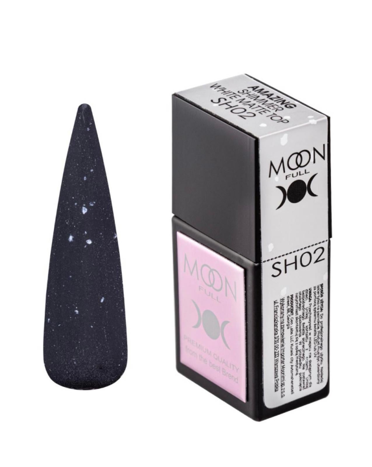 Moon Full Amazing Shimmer Top SH02 top coat avec particules scintillantes pour vernis semi-permanent et nail art professionnel.