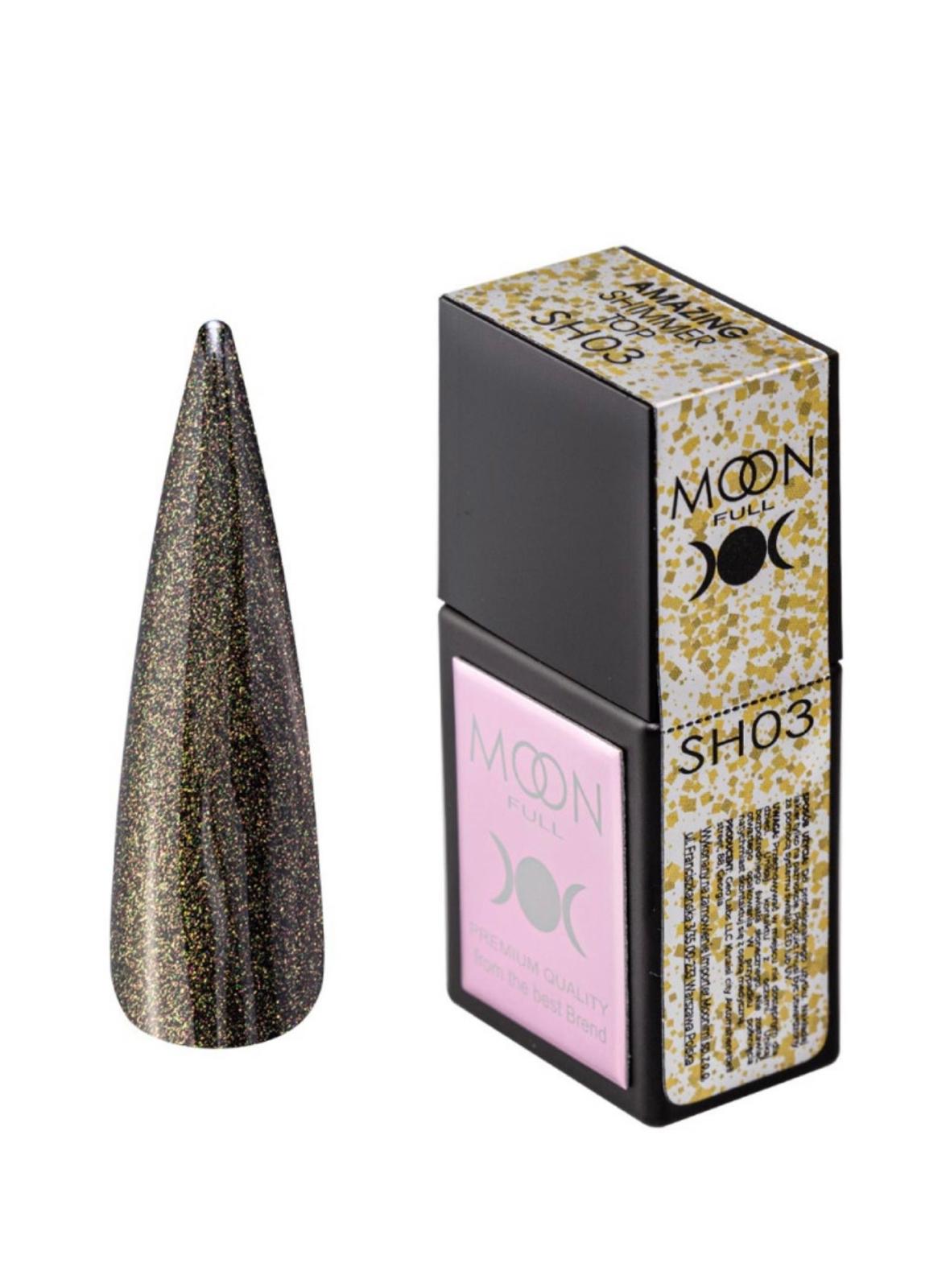 Moon Full Amazing Shimmer Top SH03 top coat avec particules scintillantes pour vernis semi-permanent et nail art professionnel.