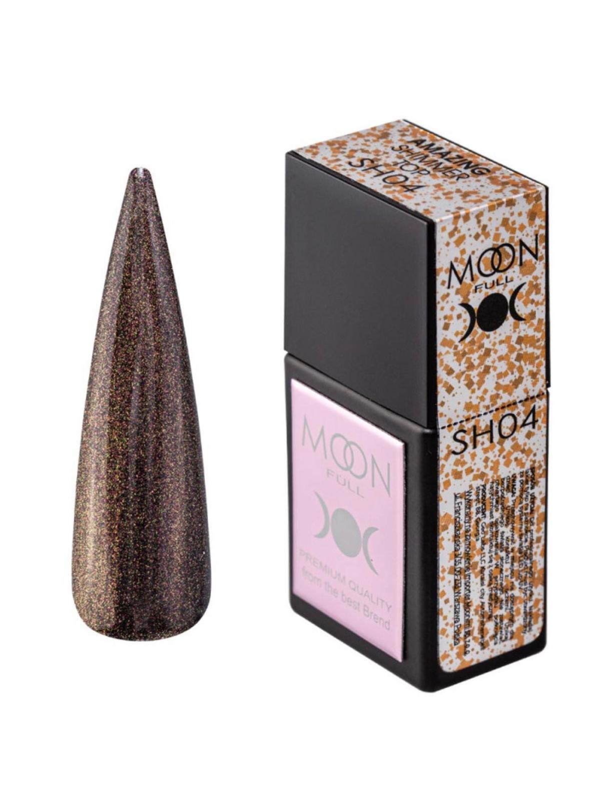 Moon Full Amazing Shimmer Top SH04 top coat avec particules scintillantes pour vernis semi-permanent et nail art professionnel.