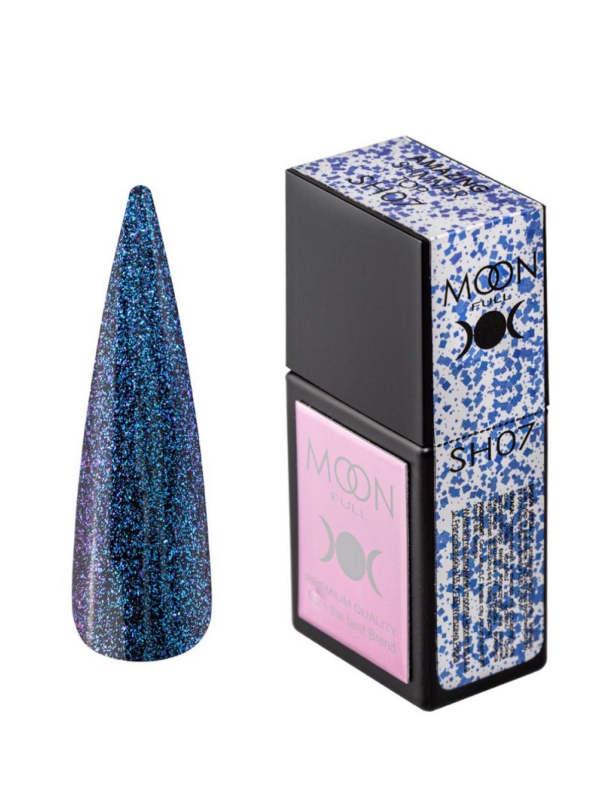 Moon Full Amazing Shimmer Top SH07 top coat avec particules scintillantes pour vernis semi-permanent et nail art professionnel.