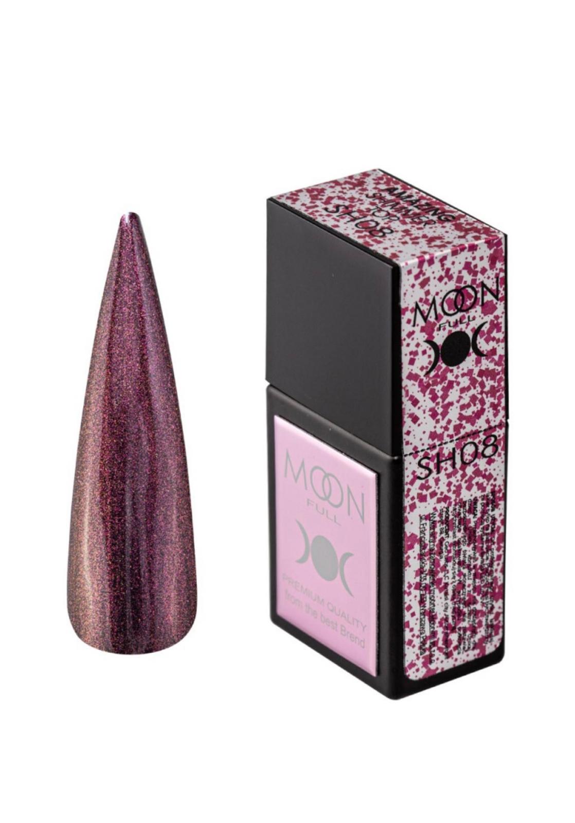 Moon Full Amazing Shimmer Top SH08 top coat avec particules scintillantes pour vernis semi-permanent et nail art professionnel.