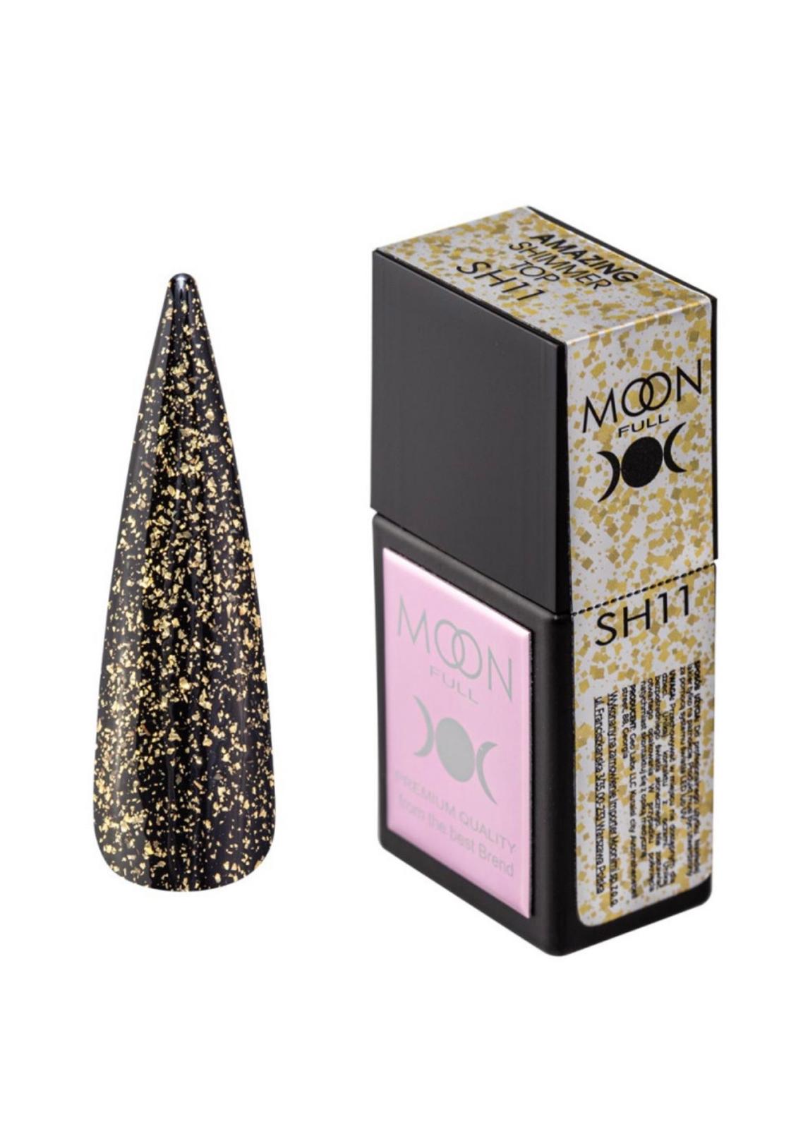 Moon Full Amazing Shimmer Top SH11 top coat avec particules scintillantes pour vernis semi-permanent et nail art professionnel.