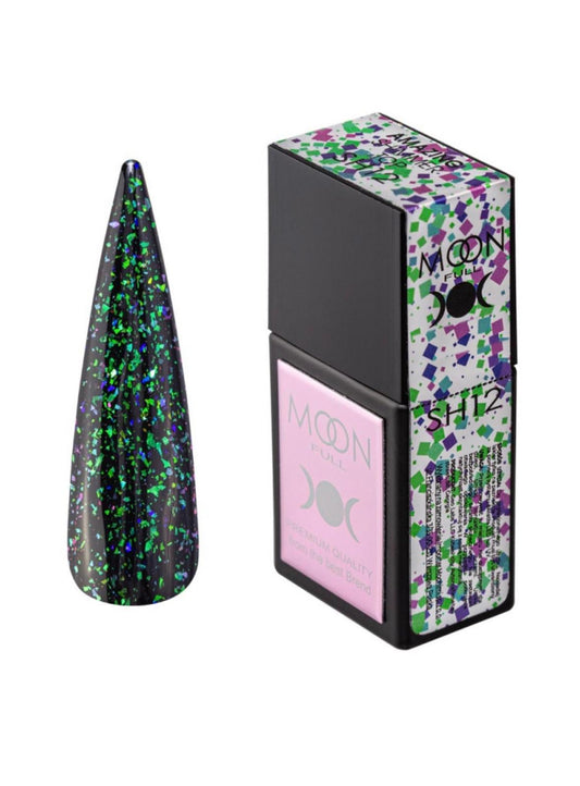 Moon Full Amazing Shimmer Top SH12 top coat avec particules scintillantes pour vernis semi-permanent et nail art professionnel.