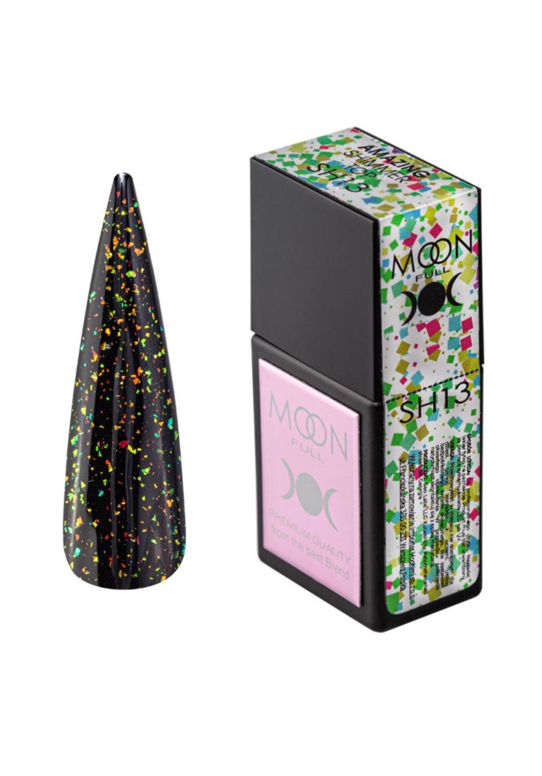Moon Full Amazing Shimmer Top SH13 top coat avec particules scintillantes pour vernis semi-permanent et nail art professionnel.