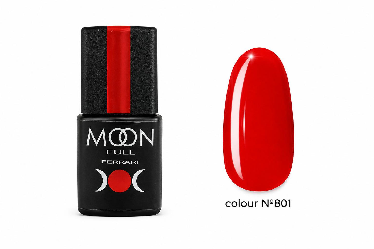 Moon Full Ferrari N°801 vernis semi-permanent rouge intense avec texture auto-égalisante et longue tenue jusqu’à 3 semaines.
