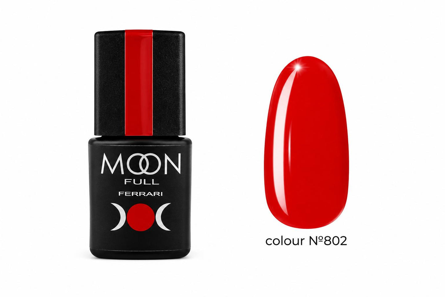 Moon Full Ferrari N°802 vernis semi-permanent rouge intense avec texture auto-égalisante et longue tenue jusqu’à 3 semaines.