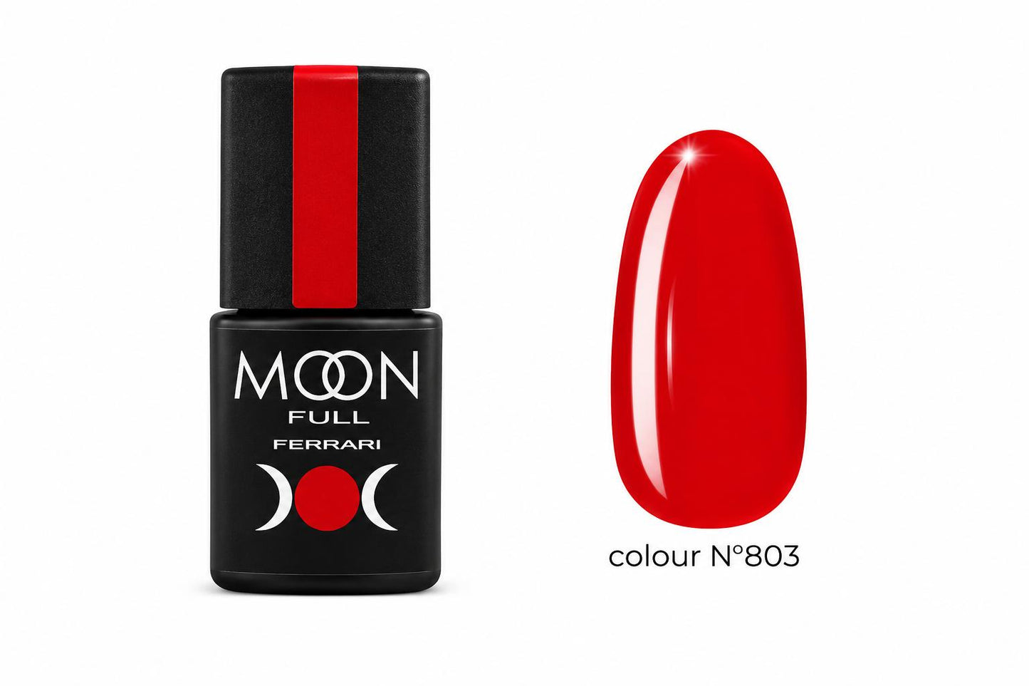 Moon Full Ferrari N°803 vernis semi-permanent rouge intense avec texture auto-égalisante et longue tenue jusqu’à 3 semaines.