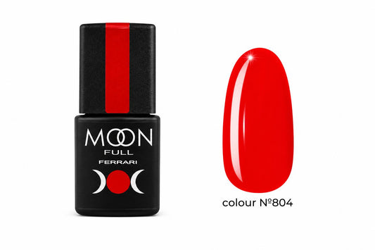 Moon Full Ferrari N°804 vernis semi-permanent rouge intense avec texture auto-égalisante et longue tenue jusqu’à 3 semaines.
