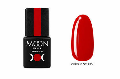 Moon Full Ferrari N°805 vernis semi-permanent rouge intense avec texture auto-égalisante et longue tenue jusqu’à 3 semaines.