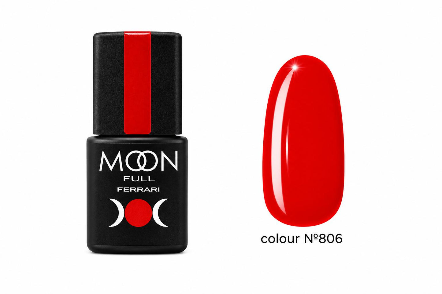 Moon Full Ferrari N°806 vernis semi-permanent rouge intense avec texture auto-égalisante et longue tenue jusqu’à 3 semaines.