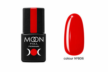 Moon Full Ferrari N°806 vernis semi-permanent rouge intense avec texture auto-égalisante et longue tenue jusqu’à 3 semaines.