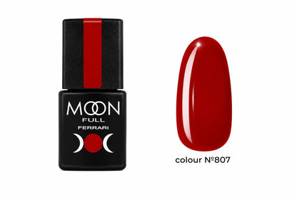 Moon Full Ferrari N°807 vernis semi-permanent rouge intense avec texture auto-égalisante et longue tenue jusqu’à 3 semaines.