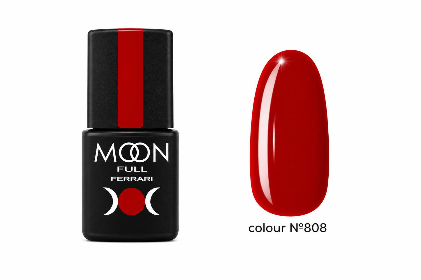 Moon Full Ferrari N°808 vernis semi-permanent rouge intense avec texture auto-égalisante et longue tenue jusqu’à 3 semaines.