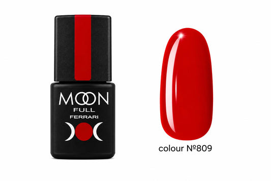Moon Full Ferrari N°809 vernis semi-permanent rouge intense avec texture auto-égalisante et longue tenue jusqu’à 3 semaines.