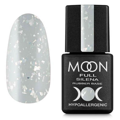 Moon Full Rubber Base Silena N°2020 base rubber colorée avec feuilles métallisées décoratives pour manucure professionnelle.