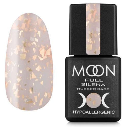Moon Full Rubber Base Silena N°2025 base rubber colorée avec feuilles métallisées décoratives pour manucure professionnelle.
