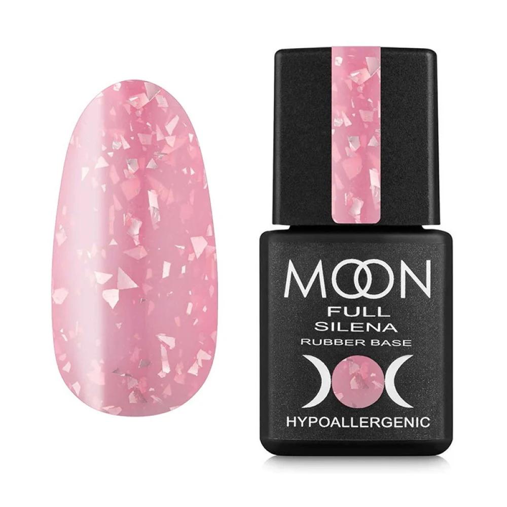 Moon Full Rubber Base Silena N°2027 base rubber colorée avec feuilles métallisées décoratives pour manucure professionnelle.