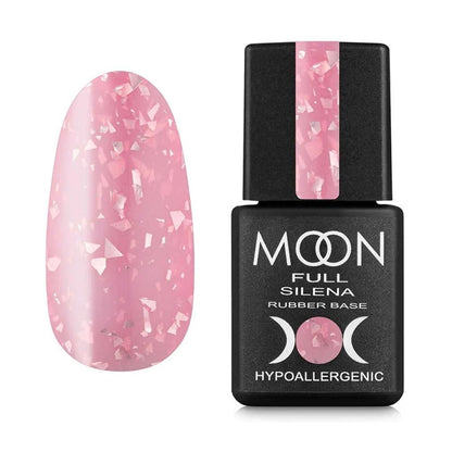 Moon Full Rubber Base Silena N°2027 base rubber colorée avec feuilles métallisées décoratives pour manucure professionnelle.