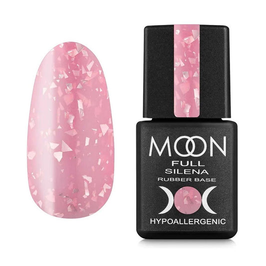 Moon Full Rubber Base Silena N°2027 base rubber colorée avec feuilles métallisées décoratives pour manucure professionnelle.