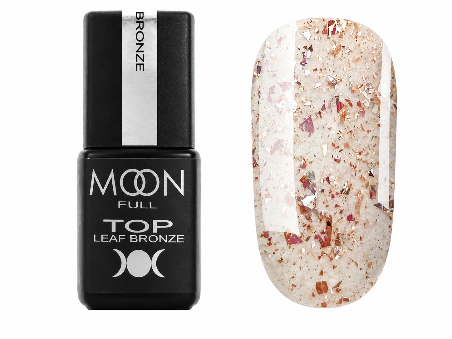 Moon Full Top Leaf Bronze top coat transparent sans couche collante avec éclats de feuille métallisée bronze pour nail art.