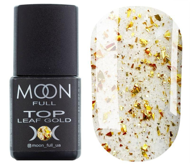 Moon Full Top Leaf Gold top coat transparent sans couche collante avec éclats de feuille métallisée dorée pour nail art.