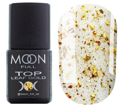 Moon Full Top Leaf Gold top coat transparent sans couche collante avec éclats de feuille métallisée dorée pour nail art.