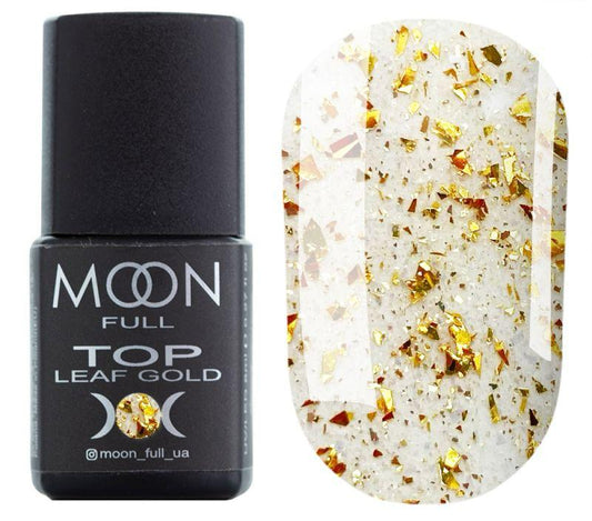 Moon Full Top Leaf Gold top coat transparent sans couche collante avec éclats de feuille métallisée dorée pour nail art.