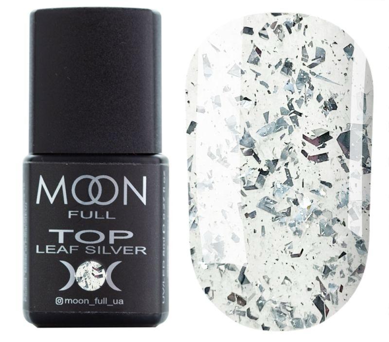 Moon Full Top Leaf Silver top coat transparent sans couche collante avec éclats de feuille métallisée argentée pour nail art.