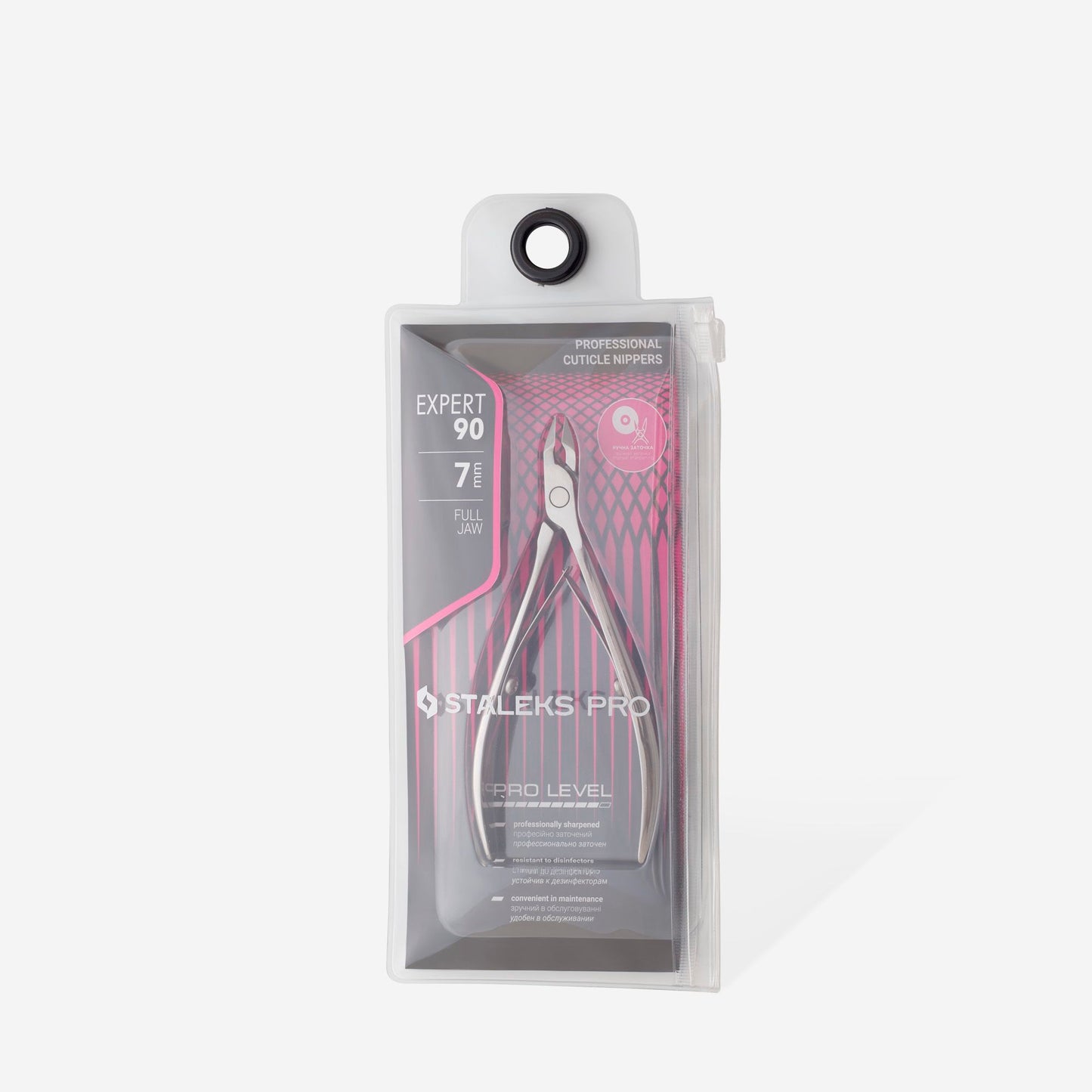 Pince à cuticules professionnelle STALEKS PRO EXPERT 90 NE-90-7 avec lames inclinées de 7 mm en acier inoxydable pour manucure et pédicure professionnelles.
