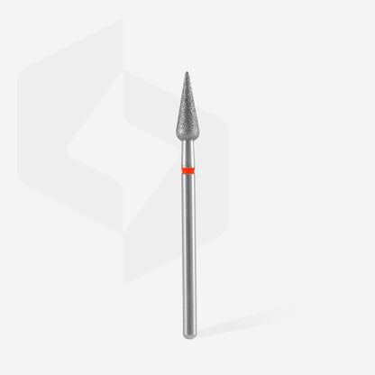 Fraise diamantée STALEKS PRO EXPERT FA100R040/12, poire pointue rouge 4 mm. Idéale pour cuticules, sillons latéraux, fissures et callosités.