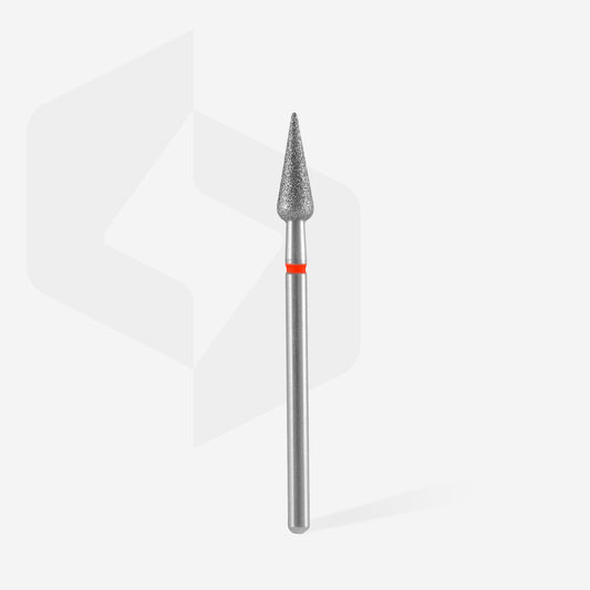 Fraise diamantée STALEKS PRO EXPERT FA100R040/12, poire pointue rouge 4 mm. Idéale pour cuticules, sillons latéraux, fissures et callosités.