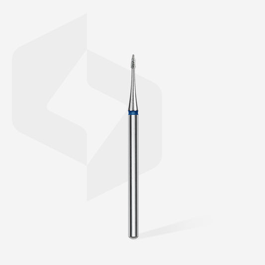 Fraise diamantée STALEKS EXPERT FA12B010/3 forme flamme mini 1 mm avec abrasivité moyenne bleue pour le travail de la cuticule et les finitions de précision en manucure professionnelle.