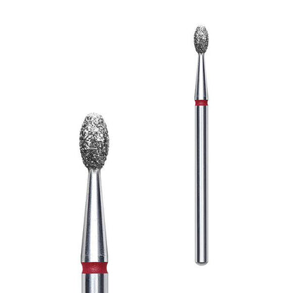 Fraise diamantée STALEKS EXPERT FA130R025/5 forme olive rouge 2,5 mm pour le traitement délicat des cuticules, replis latéraux, fissures et callosités en manucure et pédicure professionnelles.