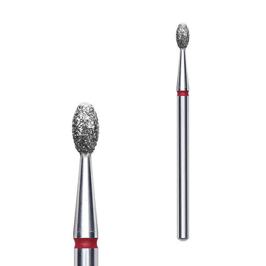 Fraise diamantée STALEKS EXPERT FA130R025/5 forme olive rouge 2,5 mm pour le traitement délicat des cuticules, replis latéraux, fissures et callosités en manucure et pédicure professionnelles.